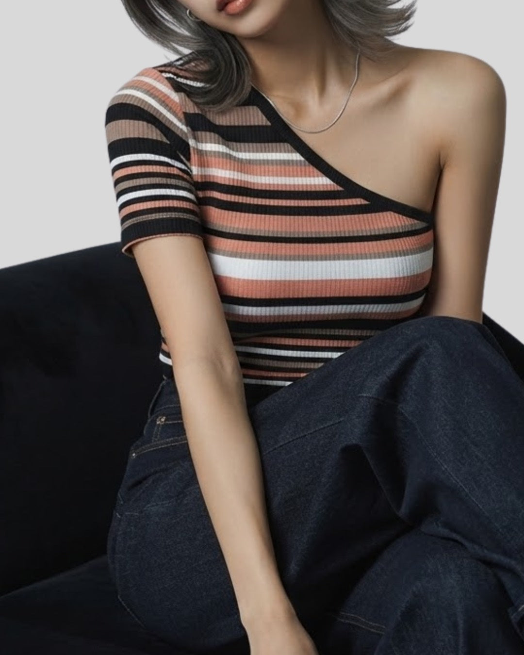 リブボーダーワンショルダー WOMEN