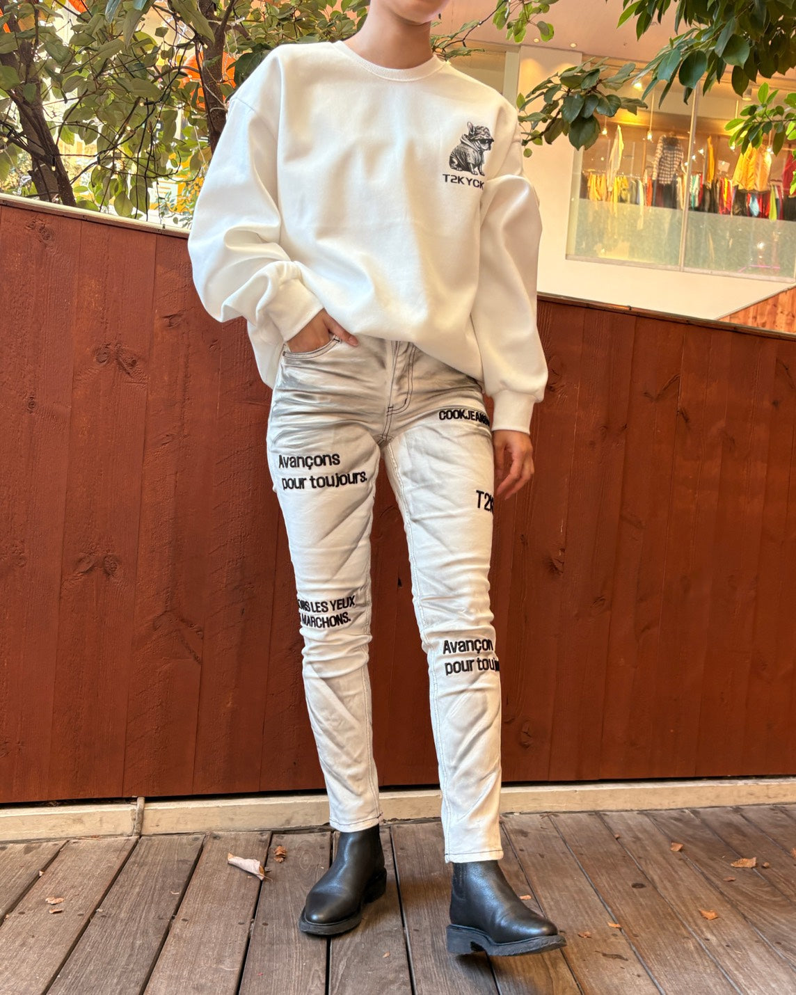 刺繍シガレットパンツ(オフ) UNISEX