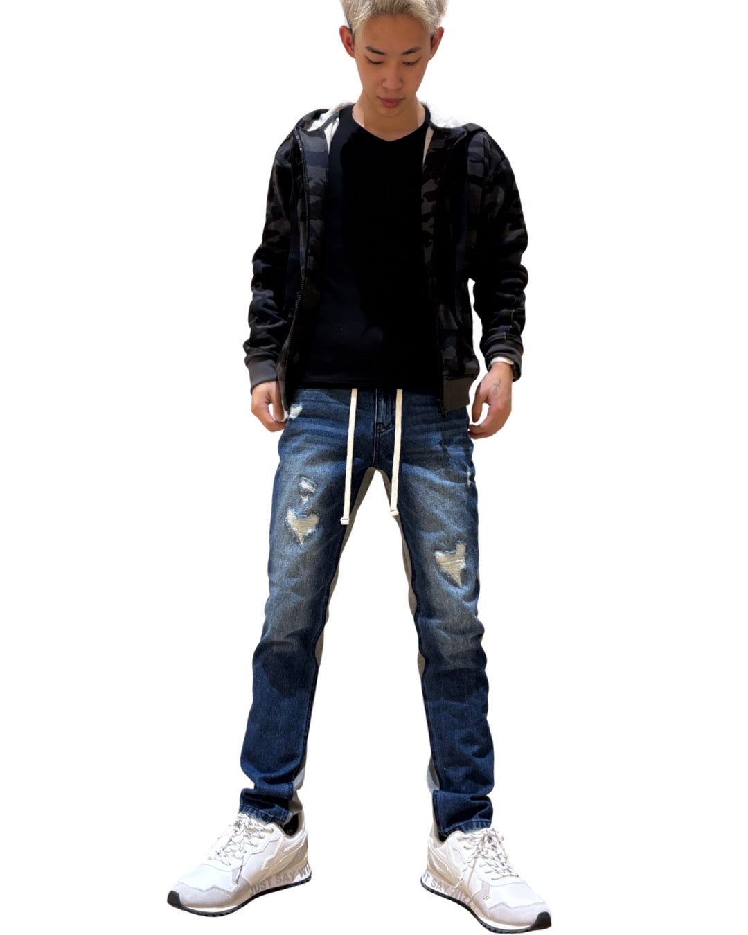 ハート加工デニムスウェット切替パンツ UNISEX